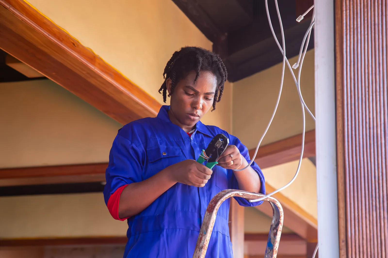 Terminating a cable from a step ladder, for ceiling fan installation in Oklahoma City