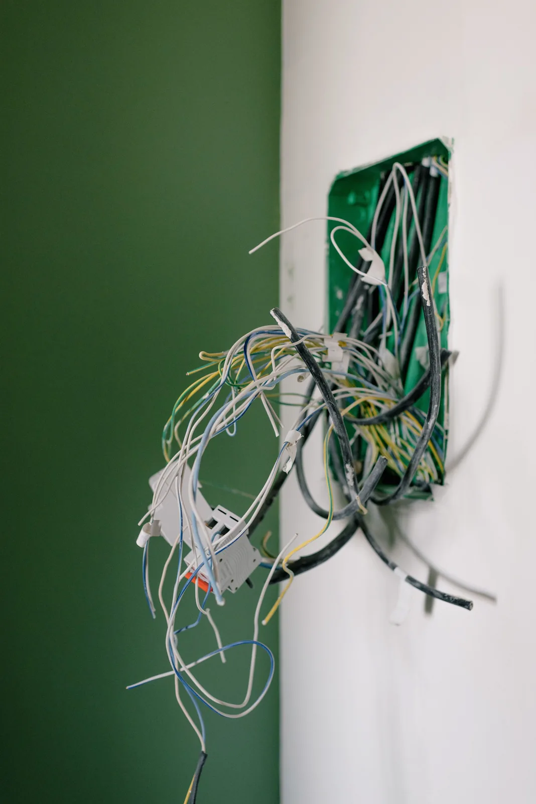 Old wiring spilling out of a junction box, for electrician in Oklahoma City