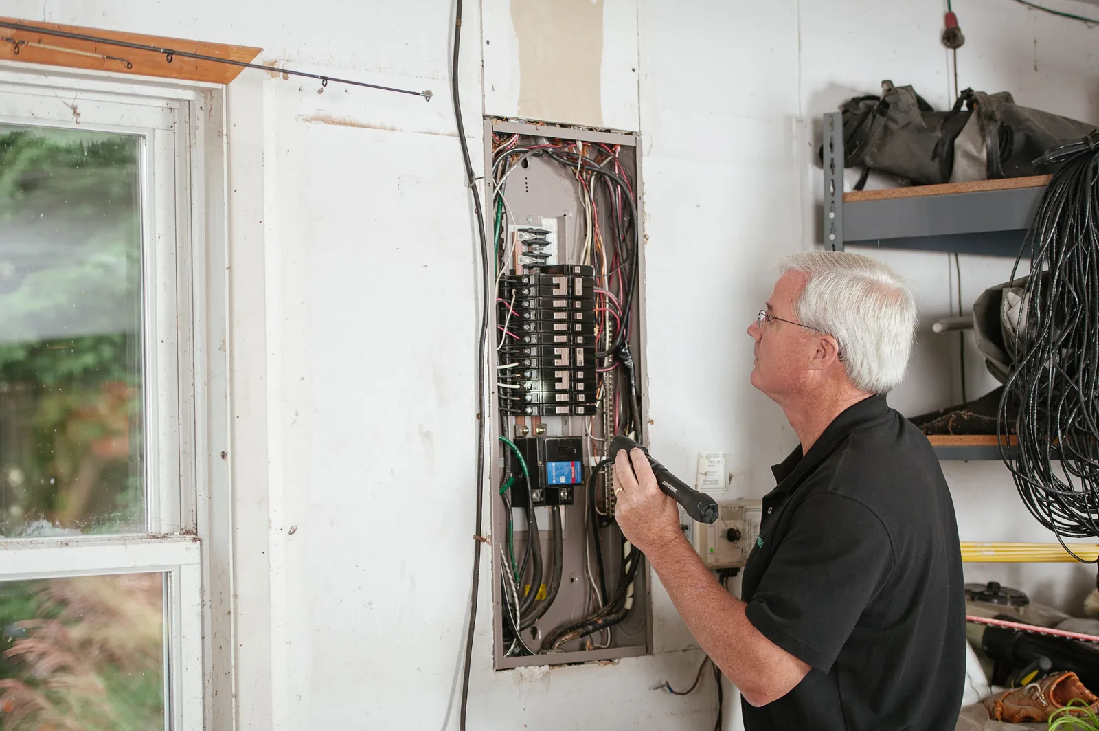 An electrician checking an open residential panel by torchlight, for tesla wall connector in Oklahoma City